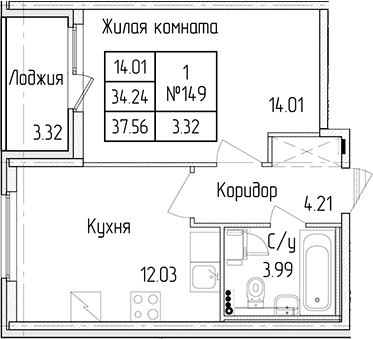 1-комнатная квартира 34.24 м², 1/4 эт., ЖК «Любоград в Стрельне»